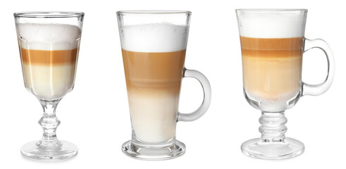 Delicious latte macchiato in different glasses on white background, set