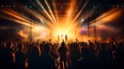 Fototapeta na wymiar Electrifying Symphony: Mesmerizing Silhouettes Dance Amidst a Kaleidoscope of Vibrant Lights at an Openair Concert