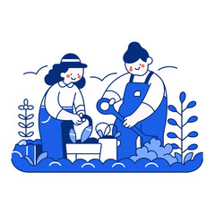 A couple gardening together in their backyard, minimalistic vector illustration