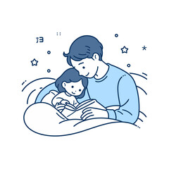 A parent and a child reading a bedtime story together vector illustration