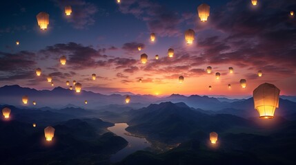 Hopeful Horizons: Majestic Mountain Silhouette Illuminated by Floating Lanterns, a Captivating Image of Celebration and Inspiration - obrazy, fototapety, plakaty