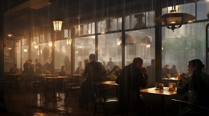 Rainy Day Bliss: Cozy Café Haven with Silhouetted Patrons Embracing the Serenity of a Stormy Atmosphere