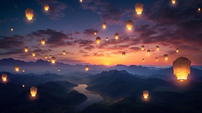 Hopeful Horizons: Majestic Mountain Silhouette Illuminated by Floating Lanterns, a Captivating Image of Celebration and Inspiration