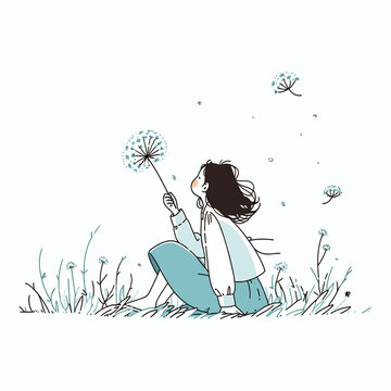 A girl blowing dandelion seeds in a lush spring meadow, vector illustration