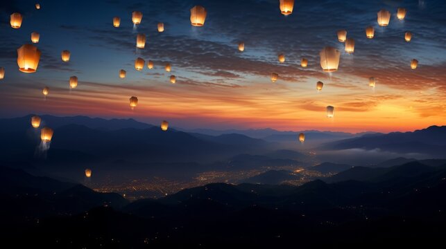Hopeful Horizons: Majestic Mountain Silhouette Illuminated by Floating Lanterns, a Captivating Image of Celebration and Inspiration