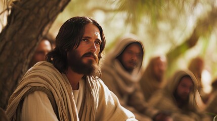 Inspirational scene of Jesus teaching, with a focus on his wise and compassionate gaze, set in a serene, divine setting.