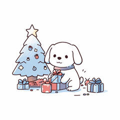A puppy unwrapping a gift under the Christmas tree. Vector Illustration.