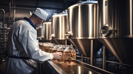 Crafting Perfection: Expert Brewer's Hands Ensuring Quality in Microbrewery - Stainless Steel Tanks Reflecting Dedication and Precision