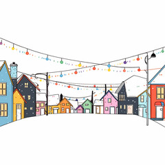 A street lined with homes all aglow with colorful Christmas lights. Vector Illustration.