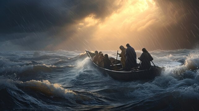 Jesus and his disciples in a boat during a storm, conveying trust, leadership, and the calming of fears.