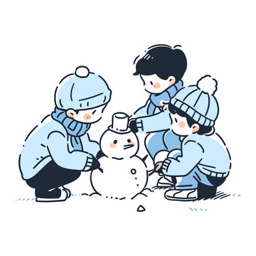 Children making a snowman on a cold Christmas day. Vector Illustration.