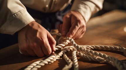 Seafaring Mastery: Skilled Hands Weave Nautical Dreams with Intricate Knots - obrazy, fototapety, plakaty