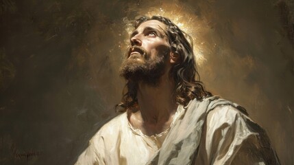 Portrait of Jesus as the embodiment of holiness, with a halo of light, deep in prayer, conveying a sense of peace and divinity.