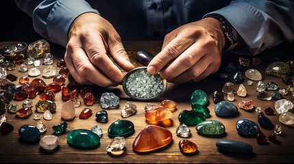 Sparkling Secrets Unveiled: Expert Jeweler's Hands Reveal the Hidden Beauty of Raw Gemstones - obrazy, fototapety, plakaty
