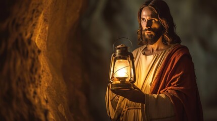 Serene image of Jesus as the Light of the World, with a lantern in hand, symbolizing guidance and hope in darkness.