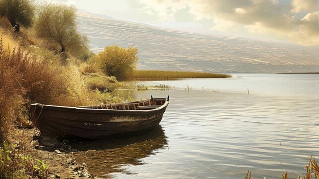 Serene landscape of the Sea of Galilee, with a historical boat and a calming atmosphere.