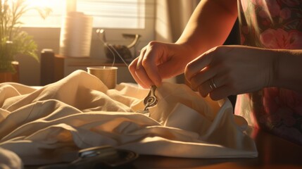 Seamstress's Serenade: Masterful Hands Weaving Dreams in a Sunlit Sewing Haven - obrazy, fototapety, plakaty