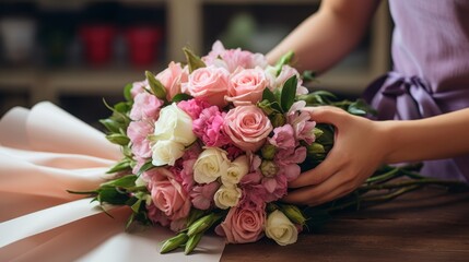 Obraz na płótnie Canvas Artisanal Elegance: Skilled Hands Crafting Bespoke Bouquets in a Blossoming Flower Shop