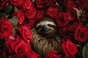 a cute sloth hiding in a bouquet of roses