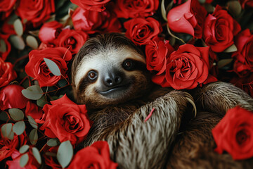 a cute sloth hiding in a bouquet of roses