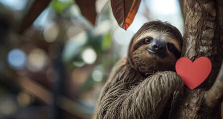  a cute sloth celebrating valentine's day up in the trees - obrazy, fototapety, plakaty