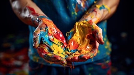 Colorful Creativity: Captivating Artist's Hands Immersed in Vibrant Paint on Canvas