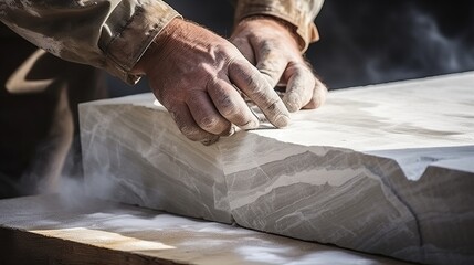 Masterful Precision: Captivating Closeup of a Stonemason's Hands Sculpting Exquisite Marble Artwork - obrazy, fototapety, plakaty