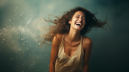 Beautiful woman with long hair laughing on a plain background