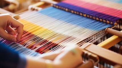 Vibrant Threads: Masterful Hands Weaving a Colorful Tapestry on a Loom - Captivating Artistry and Craftsmanship