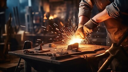 Fiery Artistry: Masterful Blacksmith's Hands Shape Metal with Intense Passion, Igniting Sparks of Creativity - obrazy, fototapety, plakaty