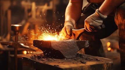 Fiery Artistry: Masterful Blacksmith's Hands Shape Metal with Intense Passion, Igniting Sparks of Creativity