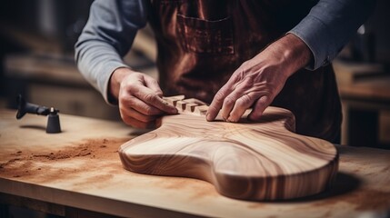 Masterful Artistry: Skilled Woodworker Perfecting a Custom-Made Guitar with Precision and Passion - obrazy, fototapety, plakaty
