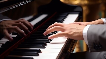 Harmonious Melodies: Captivating Hands Dancing Across the Ivory Keys of a Grand Piano