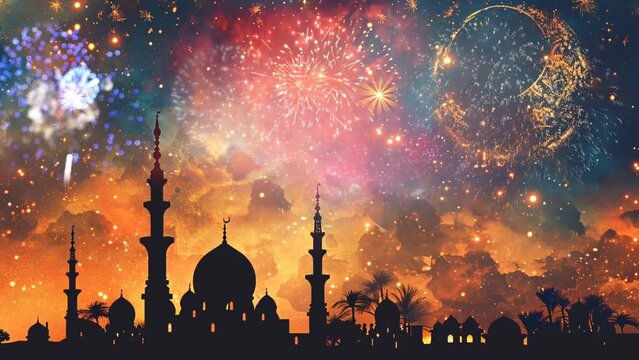 ramadan kareem background with mosque silhouette and fireworks in the sky. Seamless looping time-lapse virtual video animation background 
