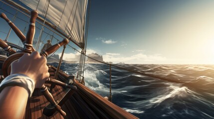 Navigating the Boundless Horizon: Captivating Captain's Hands Steering Sailboat through the Open Sea - obrazy, fototapety, plakaty