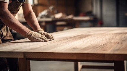 Masterful Craftsmanship: Sunlit Workshop Reveals the Artistry of a Carpenter's Hands Sanding a Custom-Made Wooden Table - obrazy, fototapety, plakaty