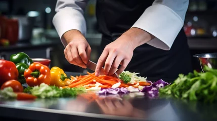 Fotobehang Masterful Culinary Artistry: Expert Chef's Hands Skillfully Slice Fresh Vegetables in a Gleaming Stainless Steel Kitchen - Captivating Food Preparation Stock Image © ASoullife