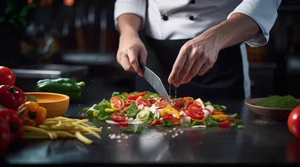 Fotobehang Masterful Culinary Artistry: Expert Chef's Hands Skillfully Slice Fresh Vegetables in a Gleaming Stainless Steel Kitchen - Captivating Food Preparation Stock Image © ASoullife