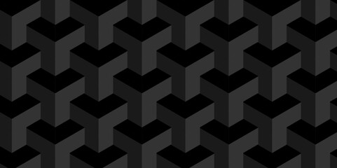 Black and gray seamless pattern Abstract cubes geometric tile and mosaic wall or grid backdrop hexagon technology. Black and gray geometric block cube structure backdrop grid triangle background.