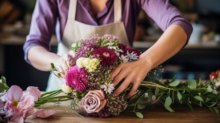 Artistry in Bloom: Skilled Florist's Hands Weave Magic with Ribbons, Creating Exquisite Floral Masterpieces