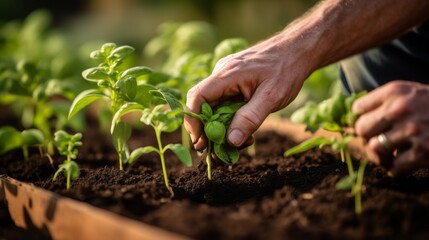 Nurturing Nature: Skilled Gardener's Hands Cultivating Vibrant Seedlings in a Thriving Community Garden