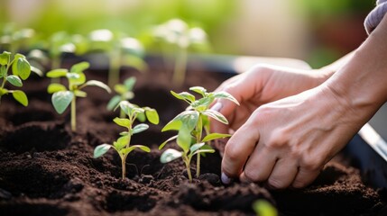 Nurturing Nature: Skilled Gardener's Hands Cultivating Vibrant Seedlings in a Thriving Community Garden