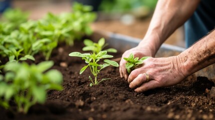 Nurturing Nature: Skilled Gardener's Hands Cultivating Vibrant Seedlings in a Thriving Community Garden