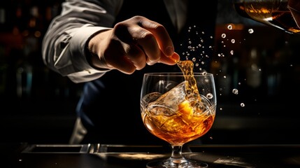 Artistry in Motion: Master Mixologist's Hands Craft the Perfect Pour into a Crystal Cocktail Glass