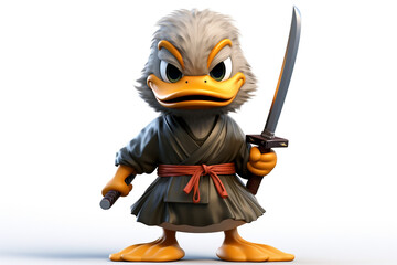 Cartoon samurai duck holding a sword 3D illustration white background