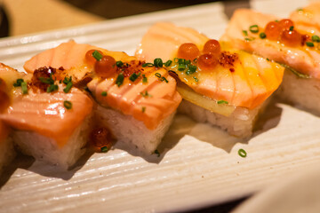 Seared Salmon Sushi with Roe and Chives Japanese Food
