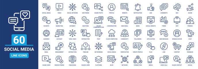 Social media outline icon set. Containing like, share, social network, comment, profile, connection, networking, friends and more. Line icons vector collection. - obrazy, fototapety, plakaty