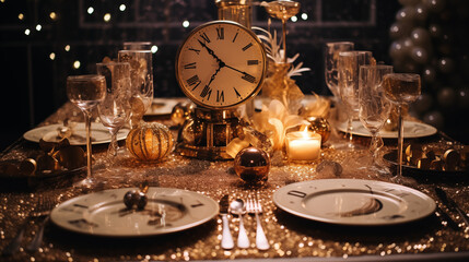 party dinner table with glasses mask plates and decoration with venice mask and confetty in gold...