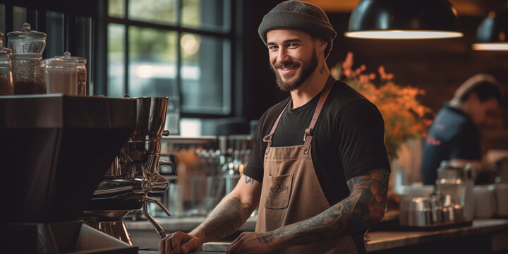 Handsome hypster style Barista in beanie working at the caf&eacute;