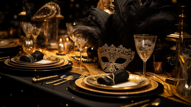 Venice carnival themed party dinner table with glasses mask plates and decoration with venice mask and confetty in gold and black colors